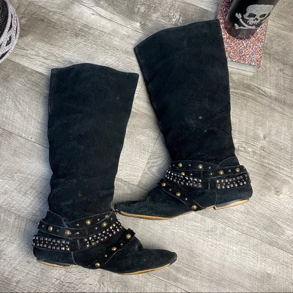 Bakers Shoes - Bakers black tall suede riding boots studded ankle